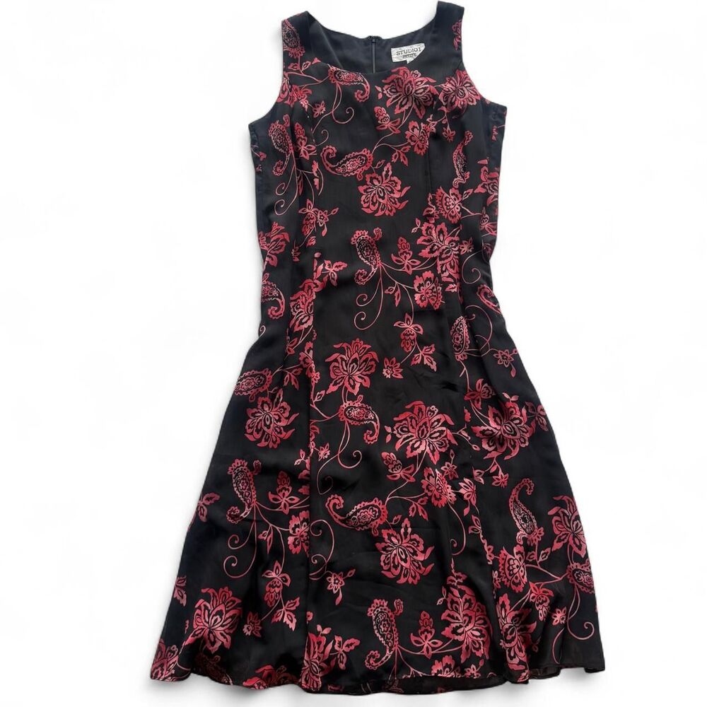 Studio I Petite Black Pink Paisley Floral Midi Dress 10P